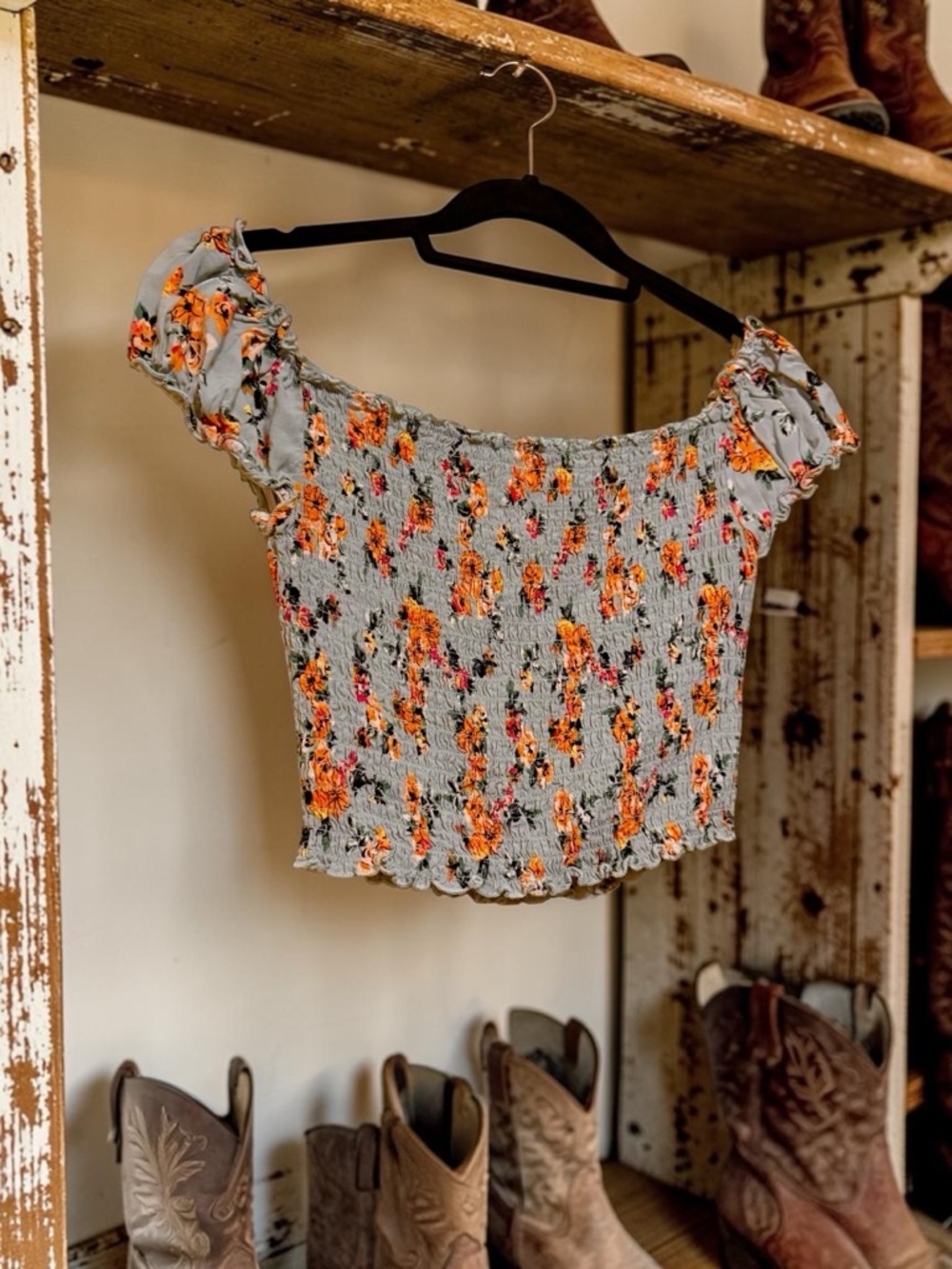 No Boundaries Light Blue Smocked Off-Shoulder Floral Crop Top